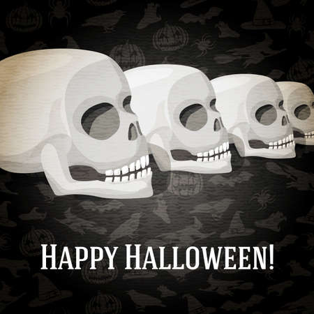Happy halloween greeting card with human skulls fading to the perspective. On the dark halloween background with bats, witches, hats, spiders, pumpkins.のイラスト素材