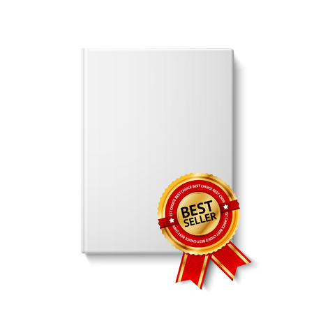 Realistic white blank hardcover book, front view with golden and red best seller label. Isolated on white background for design and branding. Vector illustrationのイラスト素材