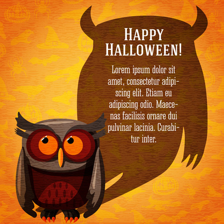 Happy halloween cute banner or greeting card on the craft paper texture with brown owl and dark scary shadow with place for your text. On the background with witches, pumpkins, spiders, bats.のイラスト素材