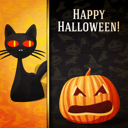 Happy halloween banner with greetings and sample text. Curious black cat and carved bright pumpkin. On the halloween background with pumpkins, witch, spider, bats. Vector.のイラスト素材