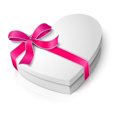 Vector realistic blank white heart shape box with pink and white ribbon and bow-knot isolated on white background with reflection. For your valentines day or love presents design.のイラスト素材