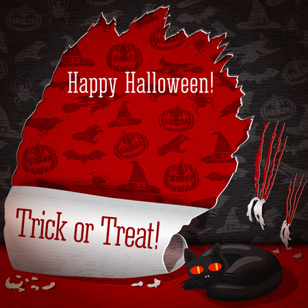 Cute illustration of cat, torn apart the halloween wallpapers and look like she did not do that. With red halloween wallpapers underneath, halloween greeting and place for your text. Vector illustrationのイラスト素材