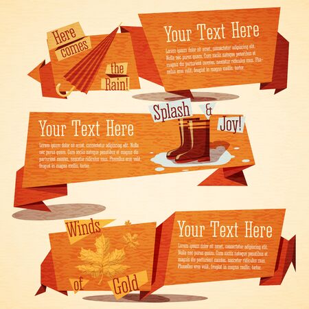 Set of cute autumn vintage stylized banners. With ribbons and icons of gumboots, puddle,umbrella and maple leafs. Vector illustrationのイラスト素材