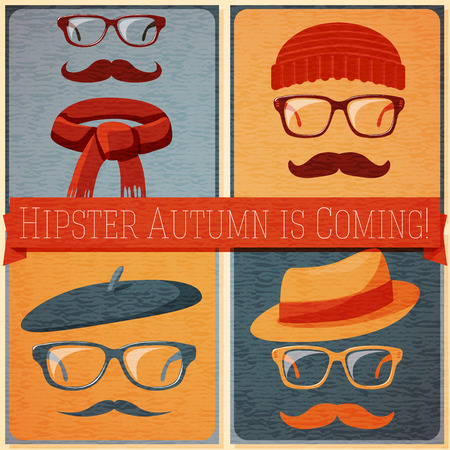 Set of autumn dressed hipster faces on the grunge retro background, with text ribbon which can be changed on your text. Vector illustrationのイラスト素材