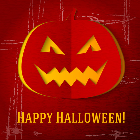 Scary halloween pumpkin with red eyes and smile cut out from the craft paper, with grunge and scratches. With halloween greeting and place for your text. vectorのイラスト素材