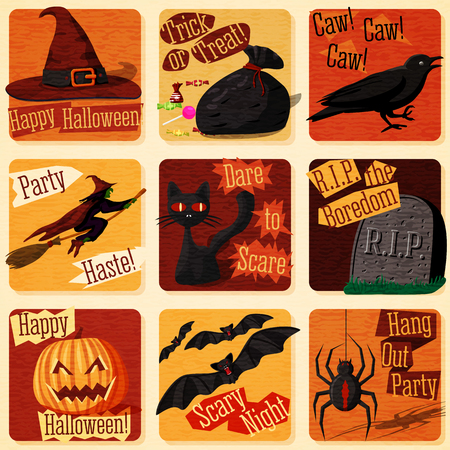 Collection of cute retro stylized halloween illustrations with signs of holiday, and all it symbols- cat, bat, witch, pumpkin, raven, spider etc. Vector illustrationのイラスト素材