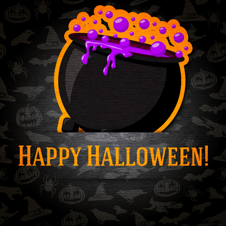 Happy halloween greeting card with cauldron and potion sticker cut from the paper and placed between ribbon and background. On the dark texture with bats, witches, hats, spiders, pumpkins.のイラスト素材