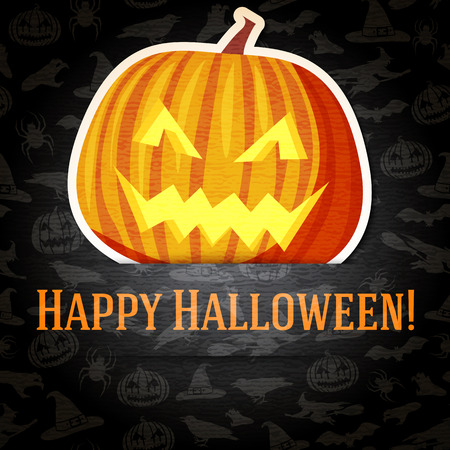 Happy halloween greeting card with bright jack-o-lantern pumpkin sticker cut from the paper and placed between ribbon and background. On dark texture with bats, witches, hats, spiders, pumpkins.のイラスト素材