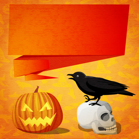 Happy halloween cute banner- greeting card on the craft paper texture with black raven on the human skull and speech bubble for your text. With jack o lantern pumpkin near.のイラスト素材