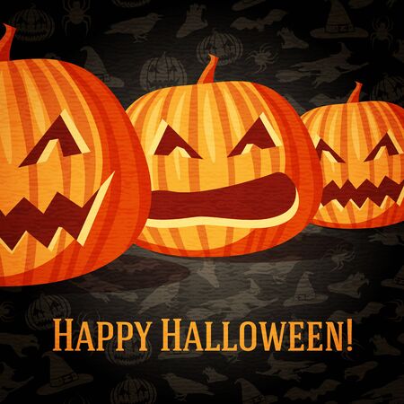 Happy halloween greeting card with carved pumpkins fading to the perspective. On the bright halloween background with bats, witches, hats, spiders, pumpkins.のイラスト素材