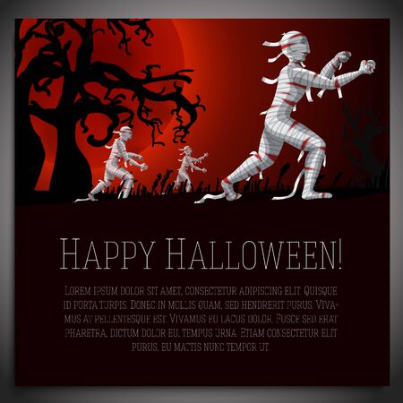 Big halloween banner with illustration of mummies on the red moony background and scary tree branches. Vector illustrationのイラスト素材