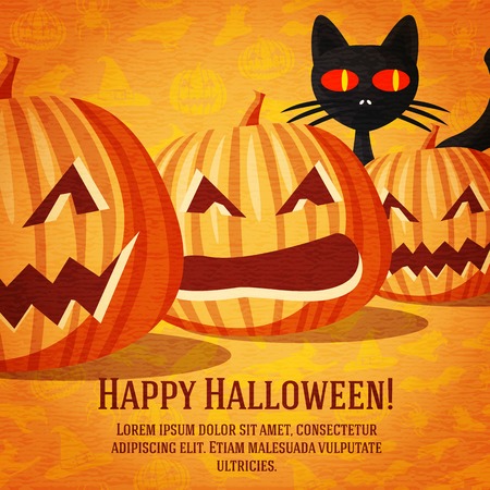 Happy halloween greeting card with black cat and carved pumpkins fading to the perspective. On the bright halloween background with bats, witches, hats, spiders, pumpkins.のイラスト素材