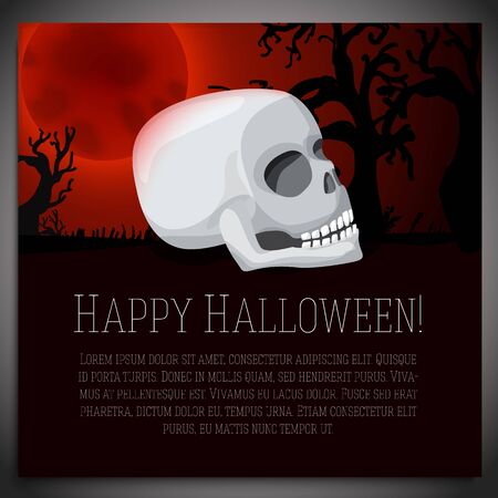 Big halloween banner with illustration of white human skull, on the red moony background with scary tree branches. Vector illustrationのイラスト素材