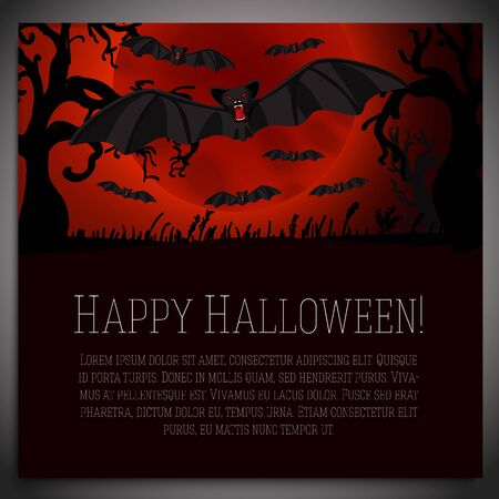 Big halloween banner with illustration of black scary bats on the red moony background and scary tree branches. Vector illustrationのイラスト素材