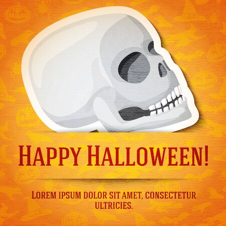 Happy halloween greeting card with white human skull sticker cut from the paper and placed between ribbon and background. On the bright halloween texture with bats, witches, hats, spiders, pumpkins.のイラスト素材
