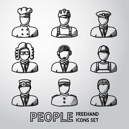 Set of hand drawn people faces of different professions - cook, worker, pilot, law man, call operator, delivery man, doctor, doorman, clerk.のイラスト素材