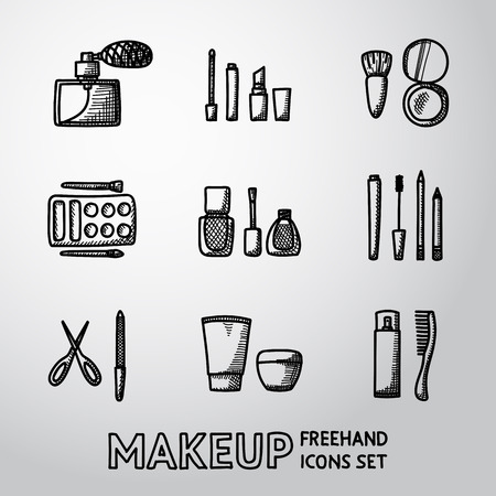 Set of makeup freehand icons - mascara, polish, perfume and lotion, comb. Vectorのイラスト素材