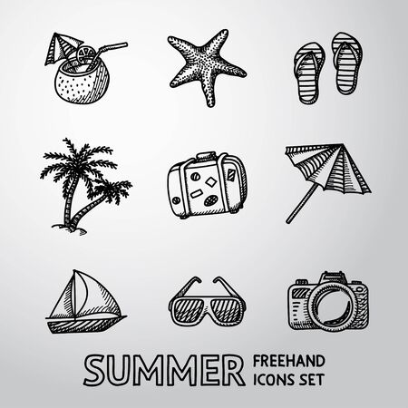 Summer holidays monochrome freehand icons set with - coconut cocktail, fish star, slippers, palms, suitcase,beach umbrella,yacht,sun glasses, photo camera.のイラスト素材