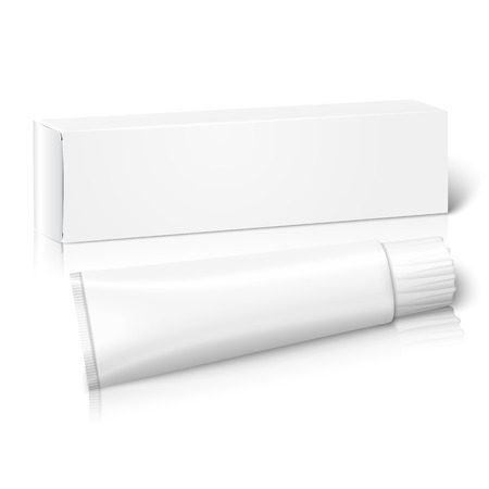 Realistic white blank paper package box with tube for oblong stuff - toothpaste, cosmetics, medicine etc. Isolated on white background with reflection, for design and branding. Vector illustrationのイラスト素材