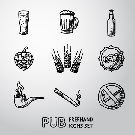 Pub, beer handdrawn icons set with - Glass and mug, bottle, hop and wheat, tap, pipe, cigarette, no smoking sign. Vectorのイラスト素材