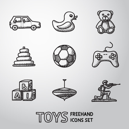 Toys hand drawn icons set with - car and duck, bear, pyramid, ball, game controller, blocks, whirligig, soldier. Vector illustrationのイラスト素材