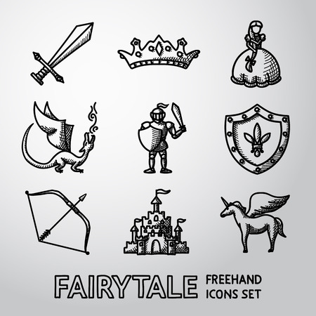 Set of hand drawn fairytale, game icons with - sword and bow, shield and knight, dragon, princess, crown, unicorn, castle. Vectorのイラスト素材