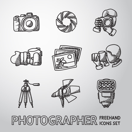 Photographer freehand icons set with - shutter, camera and photos, shooting photographers, flash, tripod, spotlight. Vector illustrationのイラスト素材