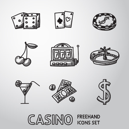 Casino, gambling freehand icons set with - dice and poker cards, chip, cherry, slot machine, roulette, martini drink, money, dollar sign. vectorのイラスト素材
