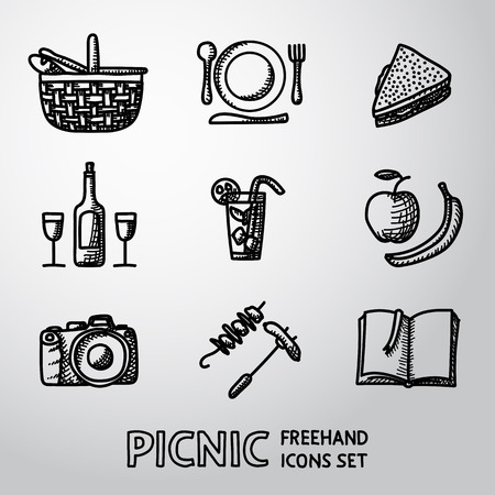 Set of handdrawn picnic icons - basket, plate with spoon, sandwich, photo camera, wine, glass with cocktail, apple and banana, bbq, book. Vector illustrationのイラスト素材