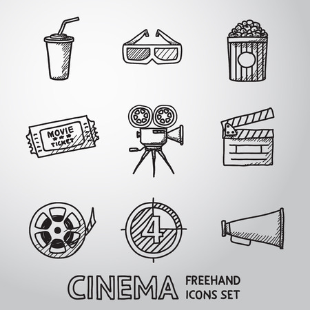 Cinema, movie freehand icons set with - cinema projector, film strip, 3D glasses, clapboard, popcorn in a striped tub, cinema ticket, glass of drink.のイラスト素材