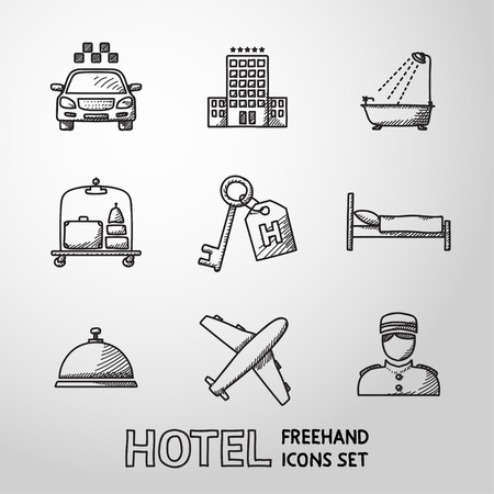 Hotel and service monochrome freehand icons set with - hotel building, service bell, bed, luggage, porter, room key, taxi cab, airplane, bathroom with shower.のイラスト素材