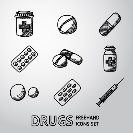 Medicine, drugs handdrawn icons set with - pills box and tablets, pill, blister, vitamins, syringe, liquid medicine. vectorのイラスト素材