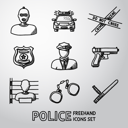 Set of police freehand icons - gun, car, crime scene tape, badge, police men, thief, thief in jail, handcuffs, police club. Vector illustrationのイラスト素材