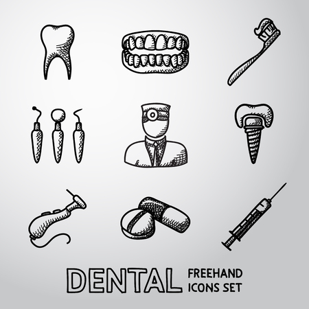 Dental handdrawn icons set with - tooth and jaw, toothbrush and dentist tools, doctor, prosthesis, drill, pills, syringe. vectorのイラスト素材