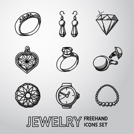 Jewelry monochrome freehand icons set with - rings and diamonds, watch, earrings, pendant, cuff links, necklace. Vector illustrationのイラスト素材