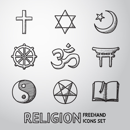 World religion hand drawn symbols set with - christian, Jewish, Islam, Buddhism, Hinduism, Taoism, Shinto, pentagram, and book as symbol of doctrine.のイラスト素材
