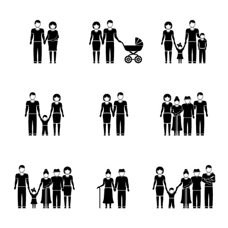 Multigenerational family monochrome icons set with all ages family members. Vector illustrationのイラスト素材