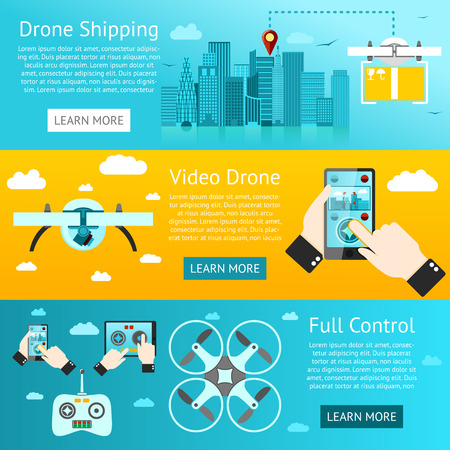 Set of drone banners - shipping, surveillance, control. Vector illustrationのイラスト素材