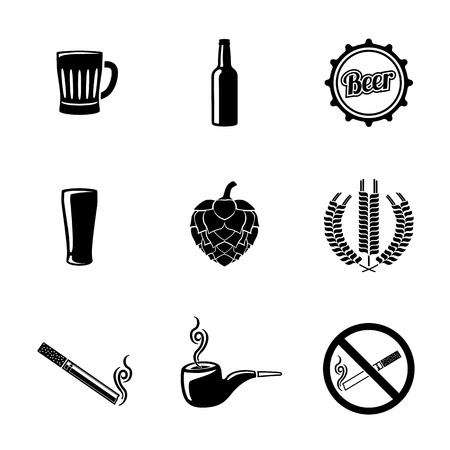 Pub and beer icons set with - Glass and mug, bottle, hop, wheat, tap, pipe, cigarette, no smoking sign. Vector illustrationのイラスト素材