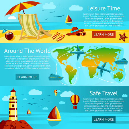 Set of summer travel and leisure banners - Sunny beach with chair, World Travel Map, Safe travel concept. Vector.のイラスト素材