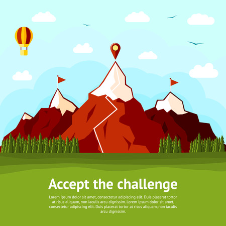 Accept the challenge concept card with high mountains, two explored and one unexplored. Vector illustrationのイラスト素材