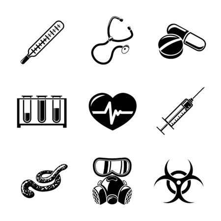 Medicine and health care colorful freehand icons set - stethoscope, heart, thermometer, pills, bio hazard sign, syringe, test-tubes, gas mask, ebola virus. Vector illustrationのイラスト素材