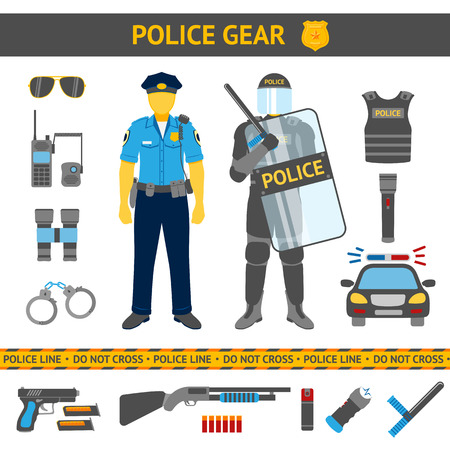 Set of Police icons - gear, car, weapons and two policemen in daily uniform and in riot gear. Vector illustrationのイラスト素材