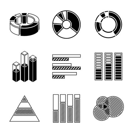 Set of monochrome infographic elements - pie charts, graphics, rates, diagrams etc. Vector illustrationのイラスト素材