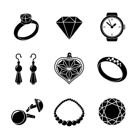 Jewelry monochrome icons set with - rings and diamonds, watch, earings, pendant, cuff links, necklace. Vector illustrationのイラスト素材