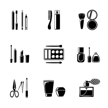 Set of monocrome makeup icons - mascara and polish, powders, lipsticks, perfume, lotions, comb, nail clipper. Vector illustrationのイラスト素材