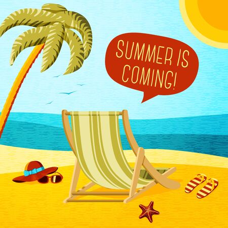 Cute summer poster - beach chair, palm, hat and sunglasses with speech bubble for your text. Vector illustrationのイラスト素材