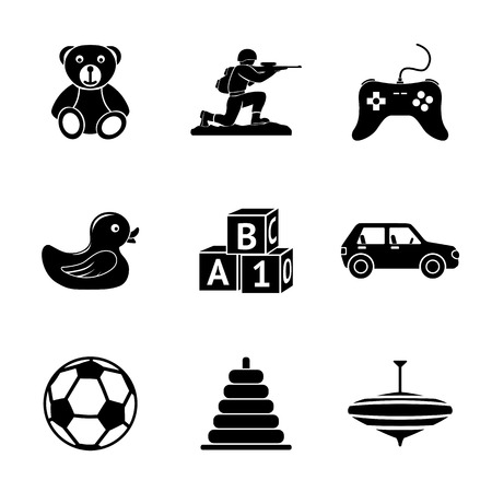 Toys icons set with - car and duck, bear and pyramid, ball, game controller, blocks, whirligig, soldier. Vector illustrationのイラスト素材