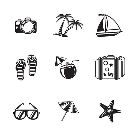Summer holidays monochrome icons set with - coconut cocktail, fish star, slippers, palms, suitcase,beach umbrella,yacht,sun glasses, photo camera. Vectorのイラスト素材