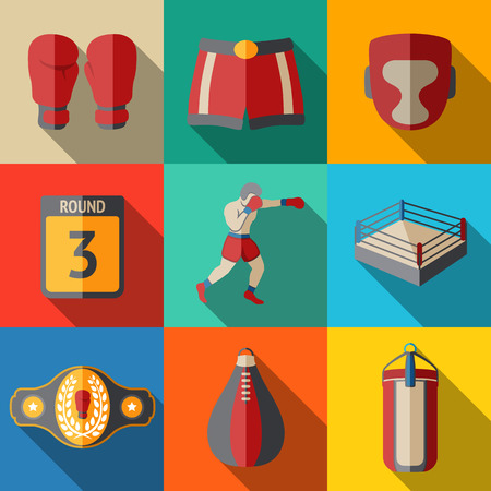Flat icons set - boxing - gloves and shorts, helmet, round card, boxer, ring, belt, punch bags. Vector illustrationのイラスト素材